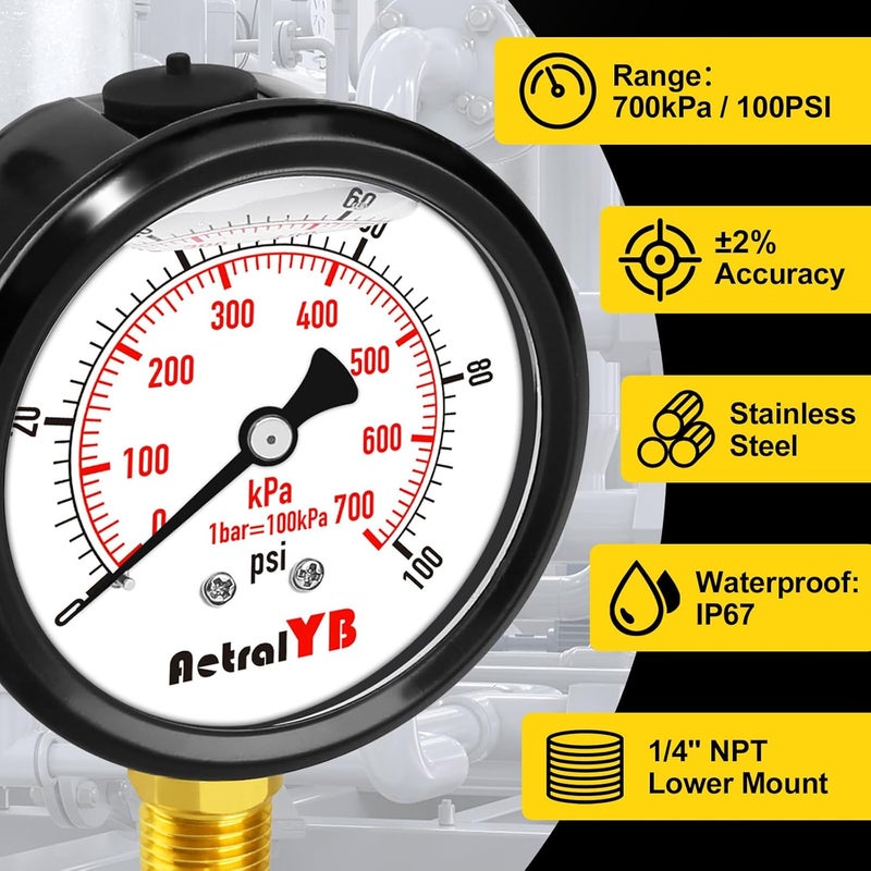 AetralYB 100 Psi Lead-Free 2.5 Inch Pressure Gauge Stainless Steel Case, Liquid Filled, 1.6% Accuracy,1/4" NPT Lower Mount, IP67 Waterproof for Portable Water,Pneumatic Air,RV Hose, Tank, Gas - Image 2